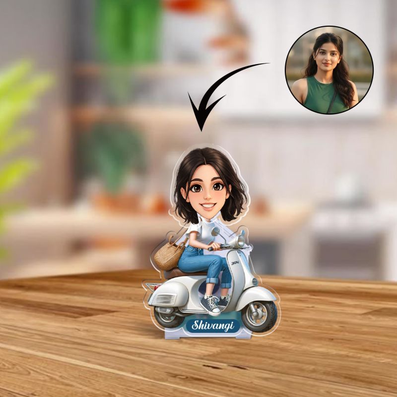 Personalized Scooty Rider Girl Booblehead Caricature for Girls Battery Powered Moving Head Feature Birthday Gift for Daughter, Sister, Mom & Lady Boss Tabletop Decor